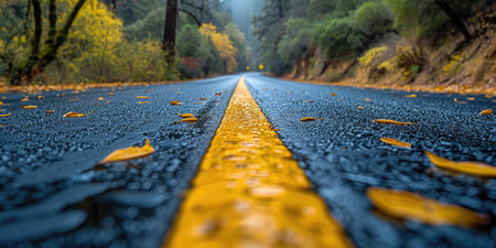 A wet road glistens amidst dense trees in a forest.の素材
