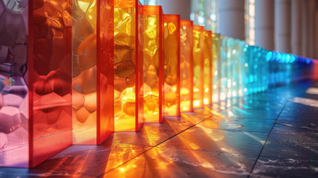 A row of vibrant glass vases placed beside each other in a neat arrangement.の素材
