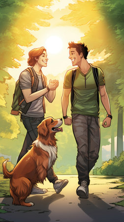 A man and woman are seen walking their dog down a street.の素材