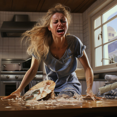 A woman in the kitchen stands with her mouth wide open, appearing to be in a state of hysterics.の素材