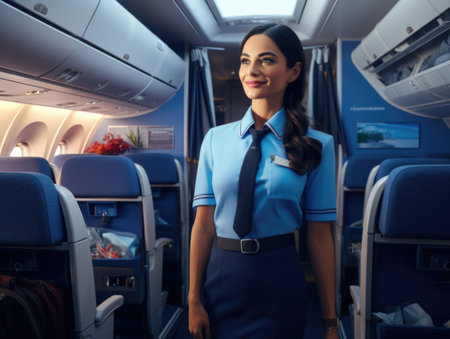 A stewardess in a blue shirt and tie stands confidently inside an airplane.の素材
