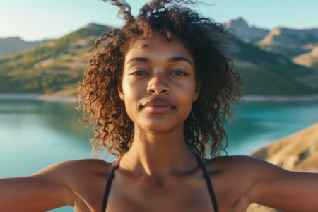 A woman wearing a bikini stands by the edge of a body of water.の素材
