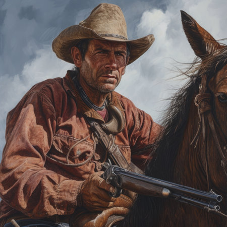 A painting capturing a man riding a horse, showcasing the equestrian theme.の素材