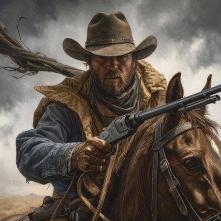 A painting depicting a man on a horse, holding a gun.の素材