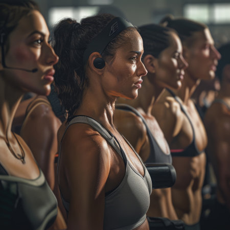 A group of women wearing headphones is engaged in a workout session at the gym.の素材