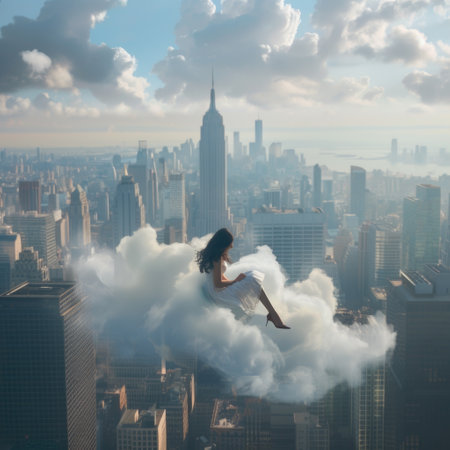 A woman defies gravity, flying through the air on top of a skyscraper.の素材