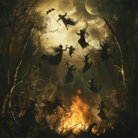 A vivid painting depicting a coven of witches flying gracefully over a dense forest.の素材
