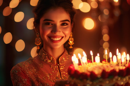 A woman holds a cake with lit candles, ready to celebrate a special occasion.の素材