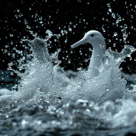 A white duck, with feathers glistening in the sunlight, splashes energetically in the water.の素材