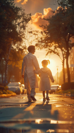 A compassionate doctor walking hand in hand with a young child at sunset, conveying trust and care on a city street.の素材