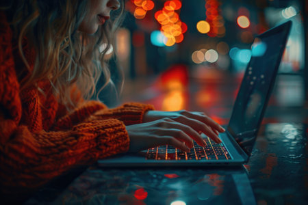 A woman sitting on a city street at night, using a laptop computer.の素材