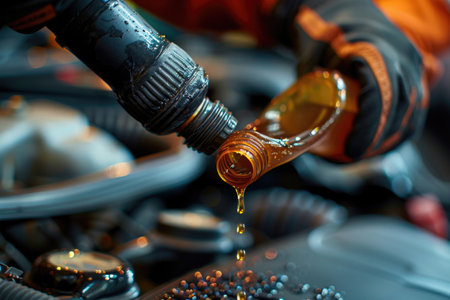 Close-up of hands in protective gloves pouring engine oil during a car service at a mechanics workshop.の素材