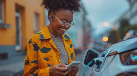 Smiling young woman in a colorful jacket charges her electric car while browsing her smartphone at dusk in the city.の素材