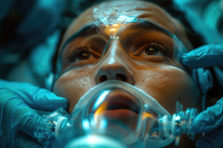 A detailed close-up of a distressed woman wearing an oxygen mask while being assisted by healthcare professionals.の素材