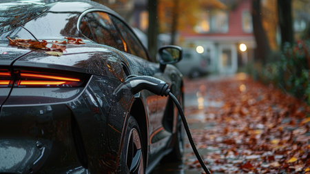 A modern electric vehicle charges on a wet street covered with autumn leaves, highlighting eco-friendly transportation in a residential area.の素材