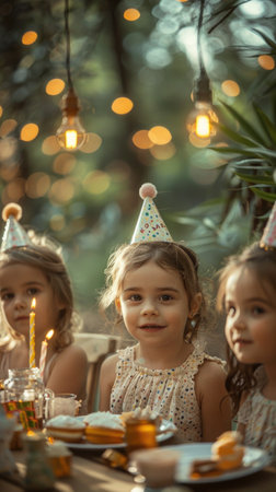 A heartwarming image capturing a baby celebrating a birthday party outdoors, complete with festive decorations and gifts.の素材