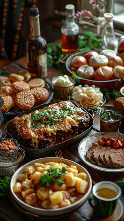 A table laden with a variety of food items and condiments, showcasing a plentiful and diverse spread for a meal.の素材