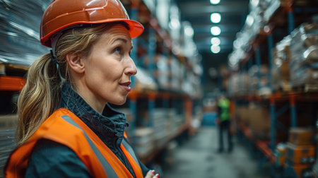 A professional woman wearing a work uniform and hard hat stands in a warehouse, exuding confidence and focus.の素材