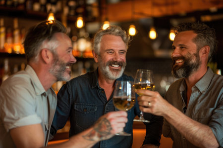 A group of men sitting at a bar enjoying glasses of wine together.の素材