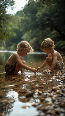 A heartwarming scene of two children sitting by a pond, surrounded by nature, playing with the water gently.の素材
