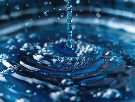 Close-up image of clear water droplets rippling on a reflective blue surface, depicting purity and tranquility.の素材
