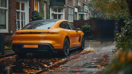 Sleek orange sports car parked on a cobblestone street with autumn leaves, reflecting upscale urban lifestyle and modern design.の素材