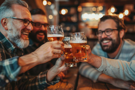 Group of men raising their beer glasses in a toast at a bar.の素材