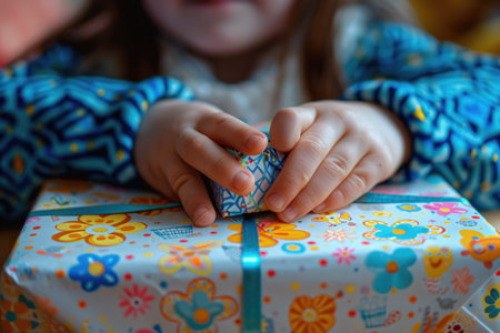 Close-up of a childs hands as they eagerly unwrap a brightly colored gift box, embodying the excitement of holidays and gift-giving.の素材