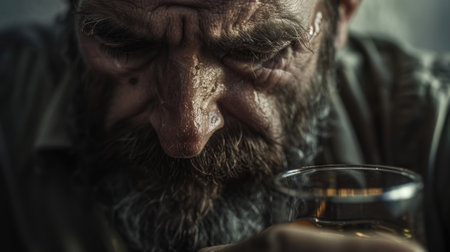 Portrait of a man with a beard holding a glass of whiskey in a dramatic setting.の素材