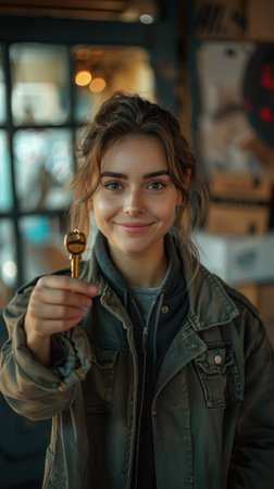 Young smiling woman presenting a golden key with a focused expression in a casual indoor environment, conveying concepts of access, opportunity, and trust.の素材