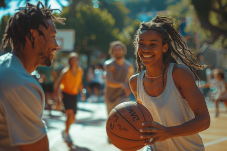 A woman standing next to a man, holding a basketball in hand.の素材