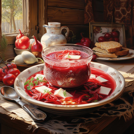 A realistic painting depicting a bowl of borscht soup placed on a plate.の素材