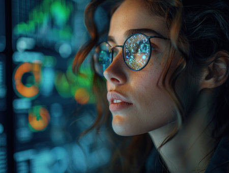 A woman wearing glasses is focused on a computer screen displaying infographics.の素材