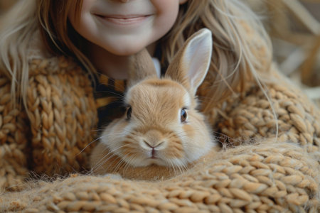 A young girl tenderly holds a fluffy bunny in her arms.の素材