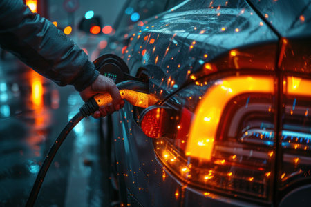 A person standing at a gas pump, refueling an electric car.の素材