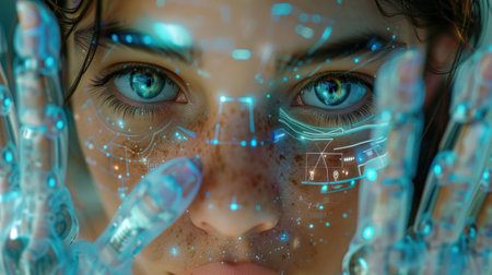 A woman is raising her hands to her face in a gesture of surprise or distress.の素材