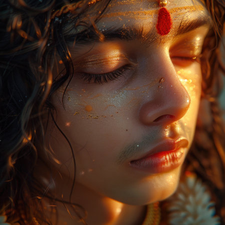 A close view of a womans face with her eyes shut.の素材