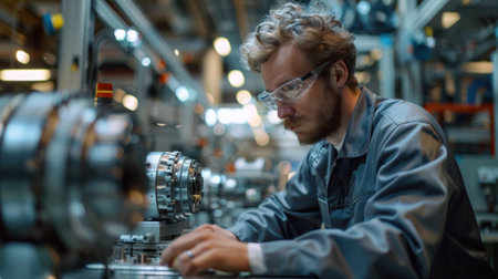 Photo pour A man in industrial workwear focuses on repairing a machine in a busy factory setting. - image libre de droit