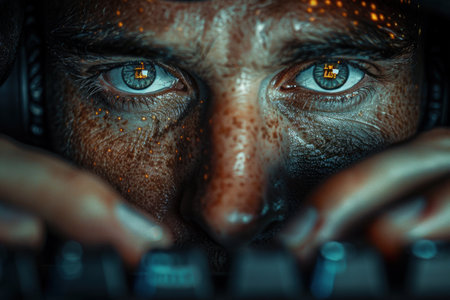 Close-up view of a person typing on a keyboard, with focus on their hands and the keys being pressed.の素材