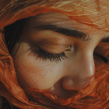 A detailed view of a female face with her eyes gently shut, showcasing a moment of calmness and introspection.の素材