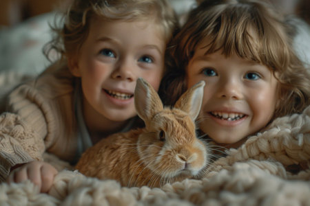 Two children laying on a bed, interacting with a rabbit.の素材