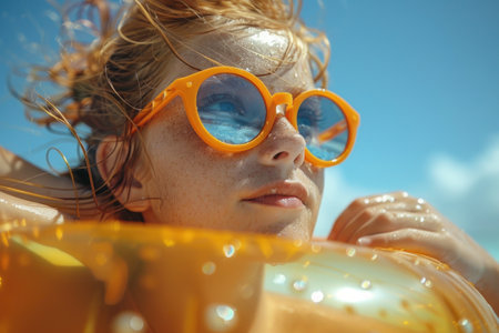 A woman wearing a yellow bikini and blue sunglasses posing for a photo on the beach.の素材