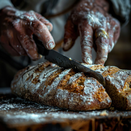 A person slices a loaf of bread using a knife, focusing on the action of cutting through the loaf.の素材