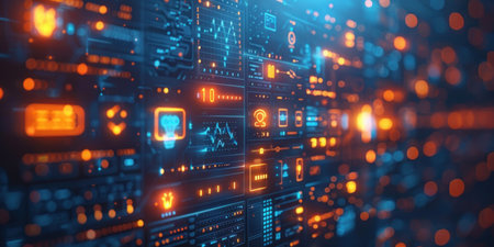 A computer screen emitting bright, glowing lights in a working space.の素材