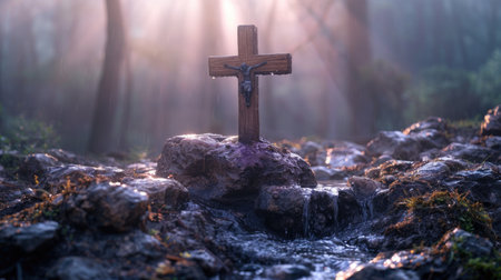 A cross sits on top of a rock in the middle of a forest.の素材