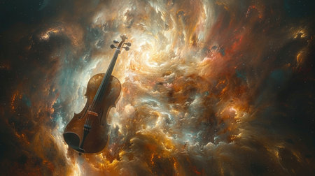 Scene featuring a violin amidst a sky filled with stars.の素材