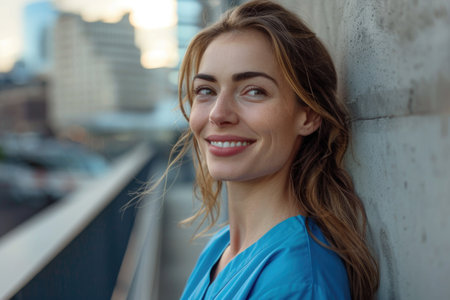 Portrait of a happy female doctor in blue scrubs smiling outdoors with a city background, depicting joy and confidence.の素材