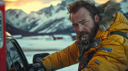 Bearded man at a gas station in winter attire with a snowy mountain backdrop. Vehicle refueling during a cold, adventurous journey.の素材