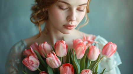 A woman holds a bouquet of vibrant pink tulips in her hands.の素材