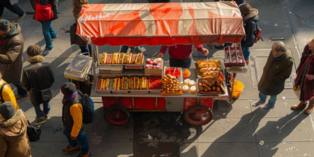 A street vendor stands beside a food truck, serving up delicious dishes to passersby on a bustling road.の素材